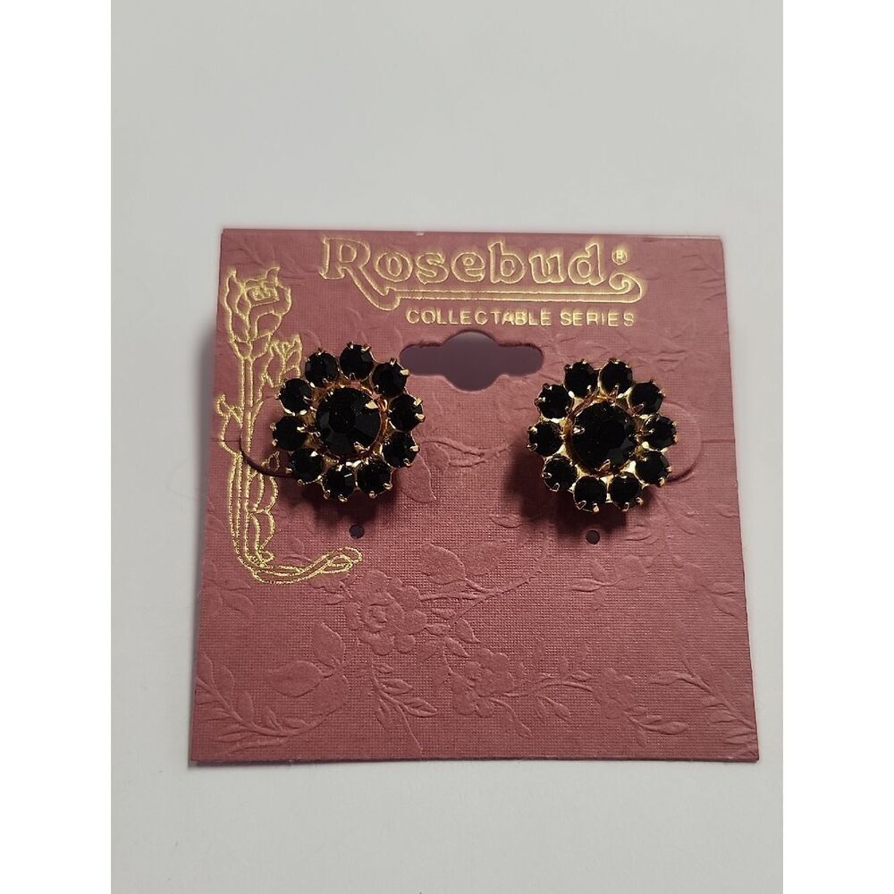 Rosebud Gold and Black Floral Cluster Stud Earrings